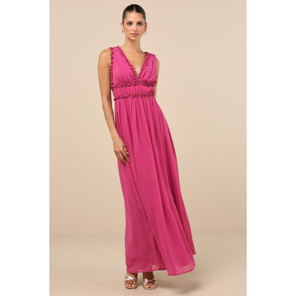 Lulus Helvia Berry Pink Ruffled Sleeveless Maxi Dress - Size M